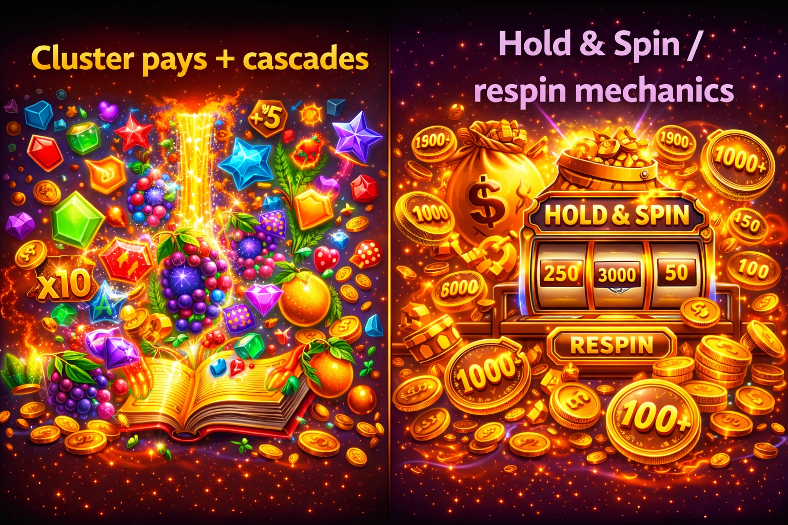 Cluster pays + cascades / Hold & Spin / respin mechanics